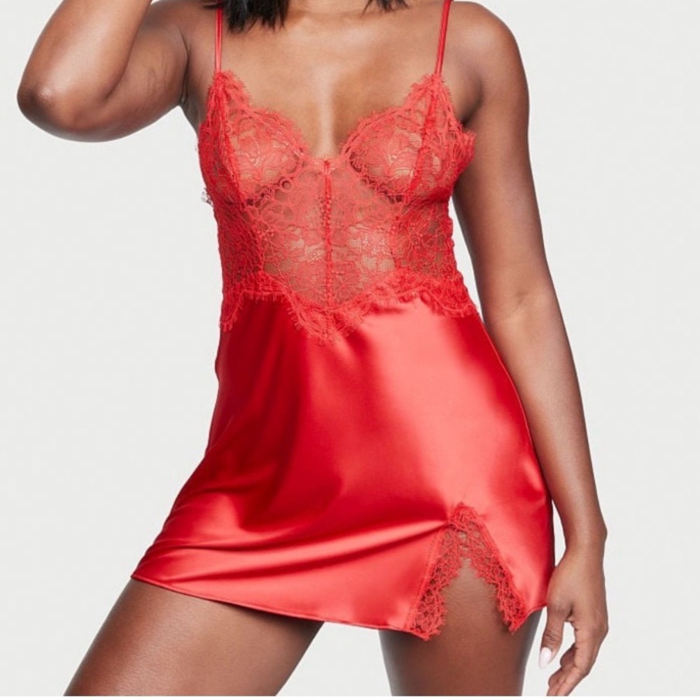 Victoria’s Secret Red Satin & Lace Chemise Lingerie XL Side Slit